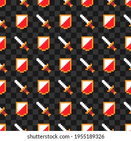 Game pixel icons, shield and sword, color vector seamless pattern background