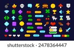 Game pixel interface and gaming items, 8-bit game resources. Games UI, gaming controller arrows. Game elements and buttons.