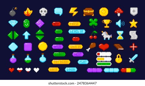 Interfaz de píxel de juego y elementos de juego, recursos de juego de 8 bits. UI de Juegos, flechas del controlador de juegos. Elementos de juego y Botones.