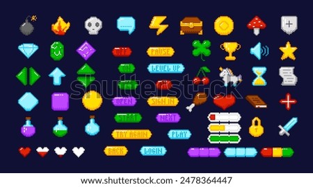 Game pixel interface and gaming items, 8-bit game resources. Games UI, gaming controller arrows. Game elements and buttons.