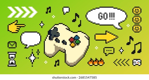 Game pixel y2k retro controller with colorful buttons, speech bubbles, arrows and emoticons on bright green background. Music notes, smiling faces and interface elements for nostalgic arcade design.
