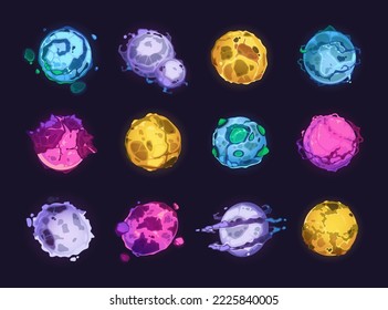 Game planet asset. Cartoon colorful collection of various cute alien planets, funny fantasy rock desert water and acid worlds. Vector 2D game sprite collection. Cosmos elements, galaxy