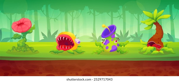 Game plant background. Evil fantasy cartoon floral garden. Botany carnivore location. Botanical monster landscape psychedelic comic. Spooky botanical characters, mystic cute blossoms. Vector design