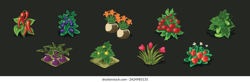 Game Planting and Garden Object and Element Vector Set