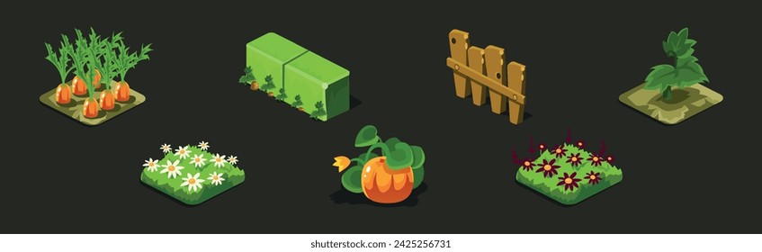 Game Planting and Garden Object and Element Vector Set