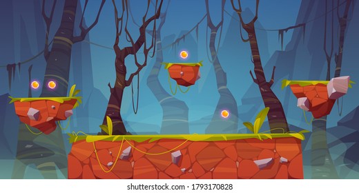 Game platform cartoon forest landscape, 2d ui design for computer or mobile. Creepy dark wood with scary trees and lianas, background with arcade elements for jumping, bonus items and nature locations