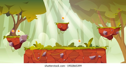 Game platform cartoon forest landscape, 2d ui design for computer or mobile. Bright wood with green trees, grass or lianas, background with arcade elements for jumping, bonus items or nature locations