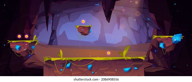 Game Platform Cartoon Underground Cave, Fantasy World Landscape. 2d Ui Design For Pc Or Mobile. Dark Tunnel With Stalactites, Jumping Arcade Elements, Crystal Assets, Bonus Items And Nature Locations