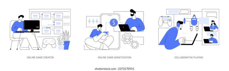 Game platform isolated cartoon vector illustrations set. Online game creator, constructor platform, game monetization idea, collaborative playing, cloud gaming industry, development vector cartoon.