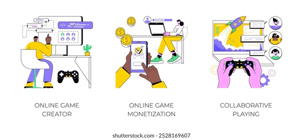 Plataforma de jogo isolado desenhos animados vetor ilustrações conjunto. Criador de jogos online, plataforma de construtor, ideia de monetização de jogos, jogo colaborativo, indústria de jogos em nuvem, desenho animado de vetor de desenvolvimento.