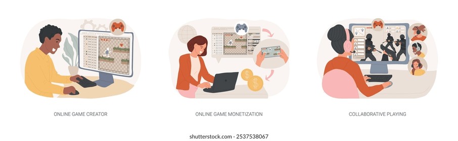 Game platform isolated cartoon vector illustrations set. Online game creator, constructor platform, game monetization idea, collaborative playing, cloud gaming industry, development vector cartoon.