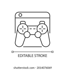 Game platforms linear icon. Playing video games. Desktop application. Two-dimensional graphics. Thin line customizable illustration. Contour symbol. Vector isolated outline drawing. Editable stroke