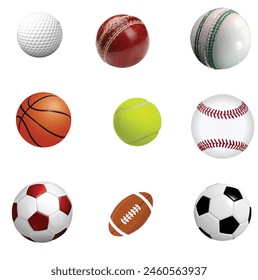 Game play interest role in human life. Balls of deifferenc games is in one image. Golf Cricket Hockey Base Ball Basket Ball and footballs are in single image.