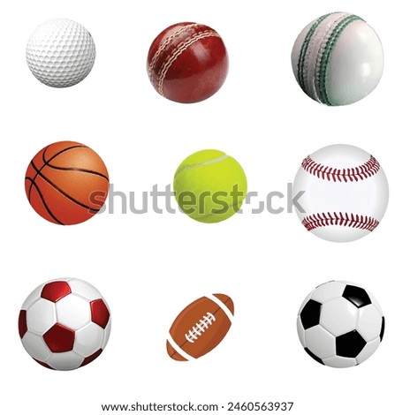Game play interest role in human life. Balls of deifferenc games is in one image. Golf Cricket Hockey Base Ball Basket Ball and footballs are in single image.