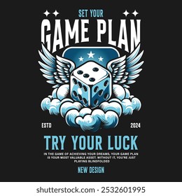 game play, try your luck 2024. oversize stylish t-shirt and apparel abstract design with flying dice and cloud . Vector print, typography, poster. Global swatches, symbol, vintage design