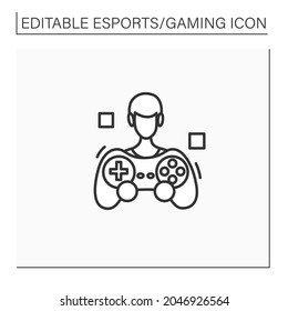 Game player line icon. Video game fan. People like to play games, take part in esports competitions. Gamer. Cybersport concept. Isolated vector illustration.Editable stroke