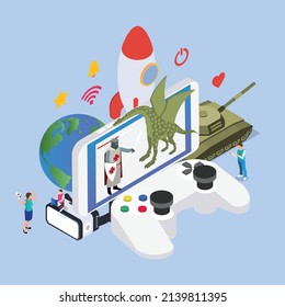 Game players with joystick and game characters isometric 3d vector illustration for banner, website, illustration, landing page, template, etc