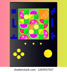 Game playing bright fruit game with grapes, banana, lemon, lime, orange, watermelon and grapes