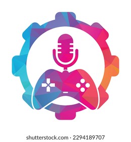 Game podcast and gear shape concept logo design.