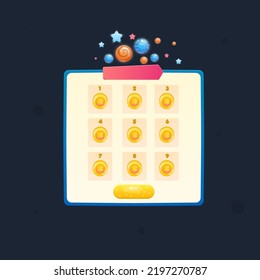 Game Pop Up Window Coins Levels Awards Blue Beige Cute Cartoon Colorful Vector Design