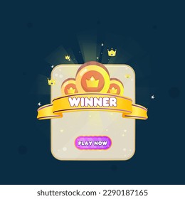 Game Pop Up Window Winner Reward Page With Ribbon And Coins Crowns Vector Design