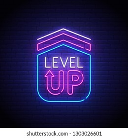 Game popup. Level up neon sign, bright signboard, light banner. Game logo neon, emblem. Vector illustration