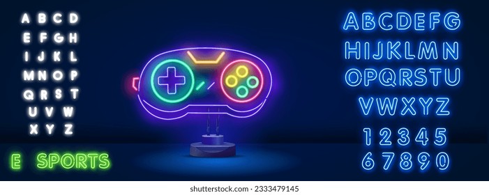 Game popup. Level up neon sign, bright signboard, light banner. Game logo neon, emblem. Vector illustration