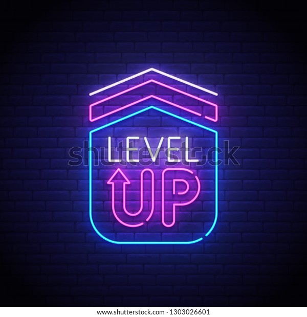 Game popup. Level\
up neon sign, bright signboard, light banner. Game logo neon,\
emblem. Vector\
illustration