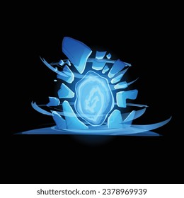 Game portal effect or level up gate design with breaking crystals and glowing magic pictogram, realistic vector illustration isolated on black background.