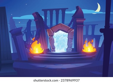 Game portal gate, magic light between the stones, cartoon style vector. Teleportation door, night rock landscape, mystical teleport. Luminous, colorful shining object for ui design. Night, fire flame