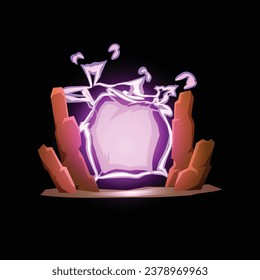 Game portal gate, magic light between the stones, cartoon style vector isolated on black background. Teleportation door, mystical teleport. Luminous, colorful shining cartoon object for ui design.