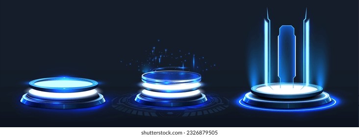 Game portal ui with hologram light technology and neon circle effect. Futuristic game technology, round podium and bright wrap aura. Teleport to scifi universe. Realistic portal. Isolated illustration