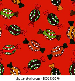 For game, postcard, invitation and web design. Seamless candies. Of sweets on red, black and brown background. Flat style Vector illustration.