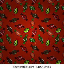 For game, postcard, invitation and web design. Of sweets on red, black and green background. Seamless candies. Flat style Vector illustration.