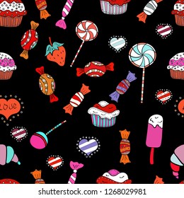 For game, postcard, invitation and web design. Flat style Vector illustration. Seamless candies. Of sweets on white, black and orange background.