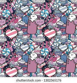For game, postcard, invitation and web design. Of sweets on black, white and blue background. Flat style Vector illustration. Seamless candies.
