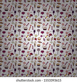 For game, postcard, invitation and web design. Flat style Vector illustration. Of sweets on purple, black and white background. Seamless candies.