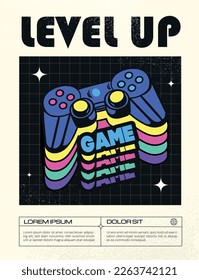 Game poster concept. Joystick, controller and gamepad in retro style, abstract creativity and art. Back to 80s and 90s. Level up in video game. Cartoon flat vector illustration