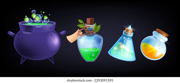 Juego de botellas de poción de juego, antídoto mágico de dibujos vectoriales, linterna de vidrio de la interfaz de usuario de medicina de brujas, caldero hervido. Kit de ícono de fantasía alquimista, elixir líquido de hadas, bebida espeluznante de Halloween. Ilustración del frasco de poción