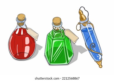 Poción del juego. Elixir de dibujos animados para sanar veneno y maná. Botellas mágicas para brujería