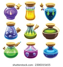 Poción del juego. Elixir de dibujos animados para frascos de maná de fuerza y vidrio con coloridos tapones de líquido brillante y corkwood. Ilustración vectorial, conjunto de iconos de posición mágica