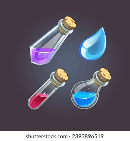 Game potion. Cartoon elixir for strength mana and stamina, and drop of water.