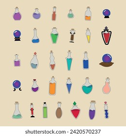 Game potion and magic orb. Cartoon elixir for strength mana and stamina, love potion poison and antidote in magic phials 2D game UI icon asset. Vector sprite interface elements set.