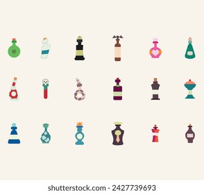 Game potion and magic orb. Cartoon elixir for strength mana and stamina, love potion poison and antidote in magic phials 2D game UI icon asset. Vector sprite interface elements set.