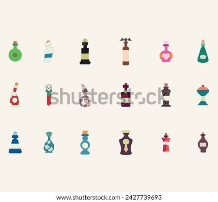 Game potion and magic orb. Cartoon elixir for strength mana and stamina, love potion poison and antidote in magic phials 2D game UI icon asset. Vector sprite interface elements set.