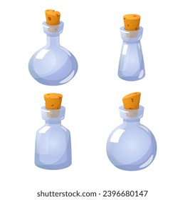 Posición del juego en el activo de frascos vintage para juego, ilustración vectorial 3d realista aislada en fondo blanco. Materiales para juegos en forma de botellas retro de vidrio.