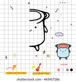 Game for preschool child. Visual game for kids with saucepan. Game finish the picture and coloring page
