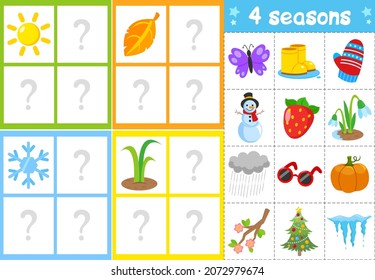 Game for Preschool Children. Activity page for kids. Cut out pictures and paste in the necessary windows. Seasons of the year. 4 seasons. Game cards.