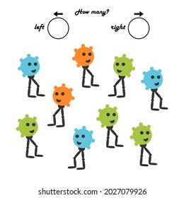 A game for preschool children. Calculate how many useful vitamins will go to the left, and how many to the right. Write down the result. Vector illustration for studying the direction of movement.