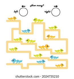 Ein Spiel für Vorschulkinder. Zähle, wie viele Monster nach links gehen und wie viele nach rechts. Notieren Sie sich das Ergebnis. Vektorgrafik zur Untersuchung der Bewegungsrichtung.